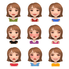 Girl's Emotion Set. Facial expressions, female avatar on white isolated, vector illustration