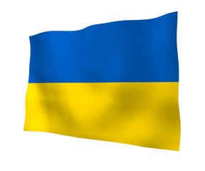 The flag of Ukraine on a white background. National flag and state ensign. Blue and yellow bicolour. 3D illustration waving flag