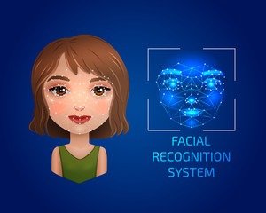Facial recognition technology, girl's face identification, vector illustration