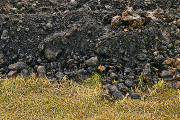 The dug up earth in large pieces lies on a green grass