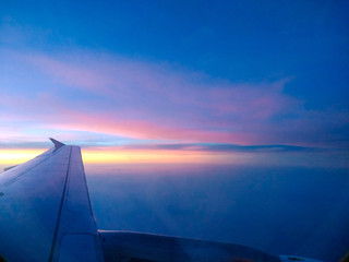 Fototapeta na wymiar Airplane's wing on twilight sunset view from carbin through grass window