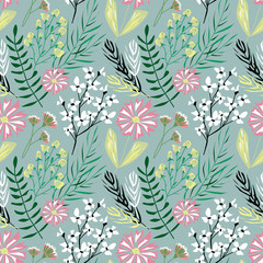 Seamless cute retro floral pattern. White, pink flowers on a light turquoise background.