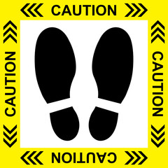 Vector of Yellow CAUTION Practice Social Distancing sign and symbols for People stand in designated areas in an elevator as a social distancing - Social Distancing sign concept. 