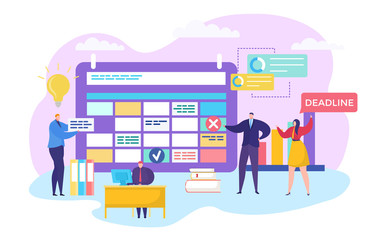 Business team process, vector illustration. Company employees make some planning on calendar, schelude. Time management, man brainstorming at table and woman character remind about deadline.