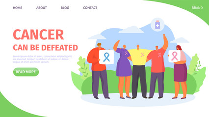 Cancer can de defeated landing vector illustration. Group people, man woman, holding symbol fight against cancer. Sick characters with awareness illness at demonstration, emblem on clothes.