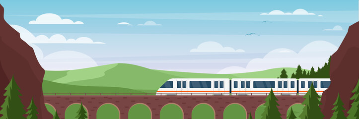 Train traveling on bridge in summer landscape vector illustration. Cartoon flat express electric train travels by rail road, railway in middle of mountain scenery and green trees. Adventure background
