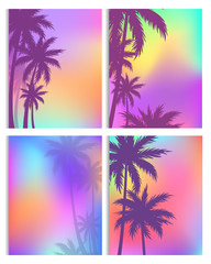 Tropical background with coconut palm tree vector illustration set. Cartoon flat silhouettes of exotic island, tropic nature of beach or jungle. Palm tree leaf trendy design for banner, flyer, poster