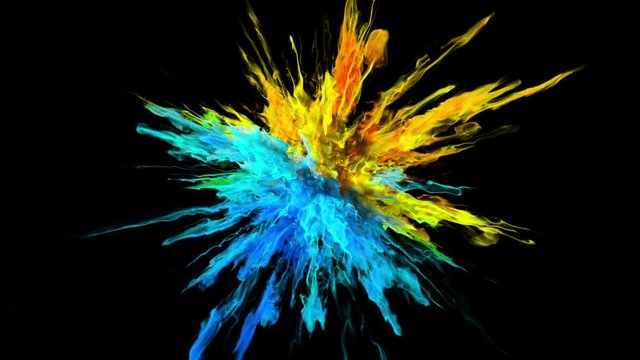 Color Burst - colorful blue cyan yellow orange red smoke powder explosion or fluid ink particles in slow motion. Alpha matte isolated on black 60 fps