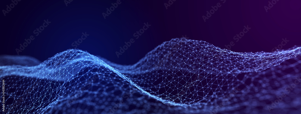 Poster Wave of interlacing points and lines. Abstract background. Technological style. Big data. 3d rendering.