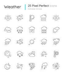 Fototapeta na wymiar Weather pixel perfect linear icons set