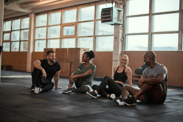 Fototapeta na wymiar Smiling group of diverse friends talking on a gym floor