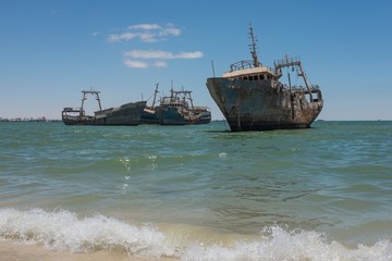 Shipwreck Graveyard with Several Abandoned Rusty Fishing Trawlers near Nouadhibou, Mauritania