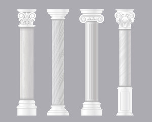 Ancient pillars vector illustrations. Architectural set of Rome or Greek classic marble columns, antique columnar architecture of Roman empire, stone pillar decoration for historic temple or palace