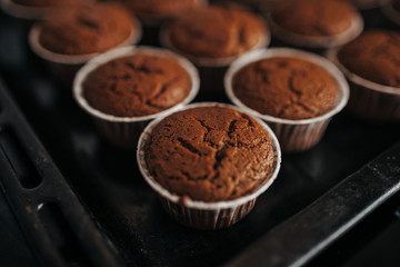 Chocolate muffins bakery. Brownie cupcakes on the baking pan. Baking at home, home bakery.