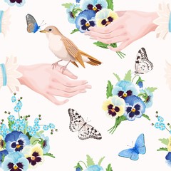 Vintage seamless pattern with high detailed pansy