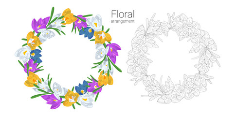 Hand drawn colorful and monochrome crocus flowers round wreaths. Floral design element. Isolated on white background. Vector illustration © akini