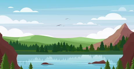 Zelfklevend Fotobehang Mountain lake landscape vector illustration. Cartoon flat summer nature, picturesque mountainous scenery with blue lake waters, pine forest, green field land. Outdoor adventure on sunny day background © Natalia
