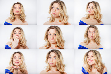 Collage. Portraits of a young smiling woman isolated on white. Different emotions of one pretty blond woman. Cute girl.