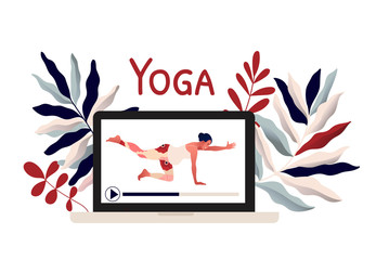 Online yoga training for pregnant. Stay at home. Lockdown. Covid-2019 quarantine. Woman practicing yoga exercise on laptop screen. Modern flat design concept of web page. Vector illustration
