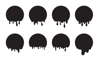 Black circles with drips set. Dripping round shapes. Ink graffiti splash template
