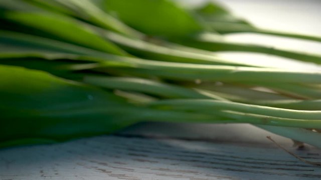 Low angle extreme closeup of white ends of ramps and then showing the green fresh leaves on a white distressed wood background.