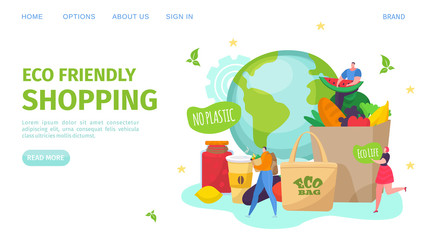 Eco life, friendly shopping and no plastic, vector illustration. Healthy lifestyle, save planet environment. Buy fresh food, fruit and vegetable in eco bag. Recycle organic product.