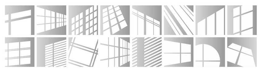 Window light vector illustration set. Sunlight reflection of window frames of square, round shape or in perspective. Day lighting overlay effect on room wall, ceiling or floor mockup design background