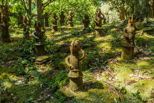 Miyazaki, Japan - AUGUST 27: Haniwa statues garden in Heiwadai Park which was built in 1940 to celebrate the 2600th anniversary of the ascension of Emperor Jimmu on August 27, 2015.