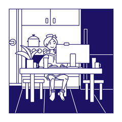 Home office in kitchen. Girl works on computer from home. Stay home concept.