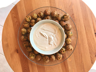 Fresh Mini Falafel Balls with Tahini Hummus Sauce Tahin / Small Roasted Chickpeas for Healthy Appetizer Snacks.