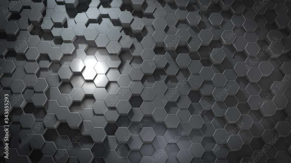 Poster an abstract hexagonal geometric metallic surface cyclically moves in virtual space. chaotic vibratio