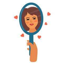 Girl looks in the mirror, modern flat vector illustration. Love yourself, body positive concept. Woman will look at herself