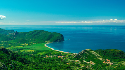 Fototapeta na wymiar montenegro landscape cityscape petrovac. Aerial panoramic view at famous european travel destination, Budva cityscape on Adriatic Coast