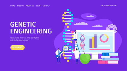 Genetic engineering, changing DNA structure landing vector illustration. Laboratory experiment gene modification, manipulation and research. Doctors character near dna, screen and books.