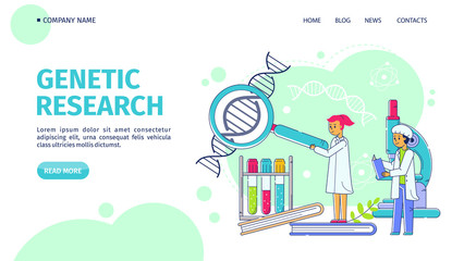 Fototapeta na wymiar Genetic research, line landing vector illustration. Scientists man woman study dna structure through magnifier at laboratory. Medical biotechnology book, microscope and test tubes.