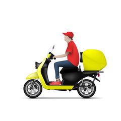 Fototapeta na wymiar Yellow Vintage Food Delivery Scooter With Courier