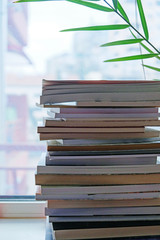 stack of books by the window