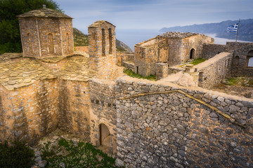 Moni Sotiros chursh and fortress at mani peninsula near Kotronas, Greece