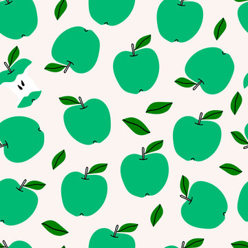 Green Apples Seamless pattern, abstract repeated background. For paper, cover, fabric, gift wrap, wall art, interior decoration. Simple surface pattern design. Hand drawn colored Vector illustration
