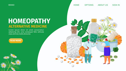 Homeopathy alternative herbs medicine, landing vector illustration. Natural organic product cure, medication for wellness and disease treatment. Healing plant, leaf, flower and medicine oil.