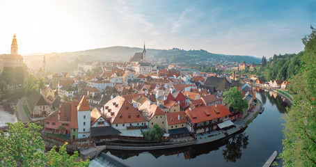 Cesky Krumlov Czech Republic city at sunrise Aerial view