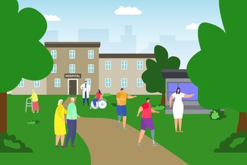 Sick people at hospital yard, vector illustration. Patients and doctors character outside clinic, rehabilitation center building. Medical staff with disabled and eldery couple, girl on wheelchair.