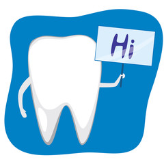 Tooth character with a sign with the text hello in hand as a dating concept, flat veterinary stock stock illustration with a molar for children and baby