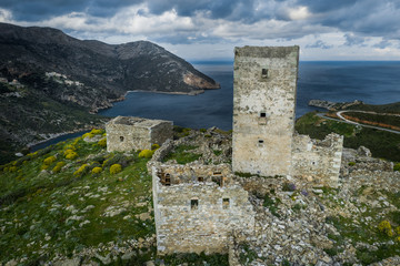 Fototapeta premium Mani Stone Tower at Cape Matapan, the southern tip of Mani peninsula, Greece