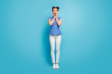 Oh no. Full body photo of pretty speechless lady open mouth listen bad news holding arms on...