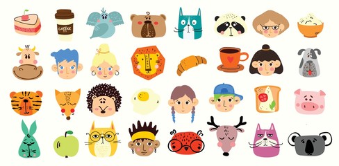 Vector doodle cute animal, people's faces, tasty food in simple design for kid's greeting card design, t-shirt print, inspiration poster.