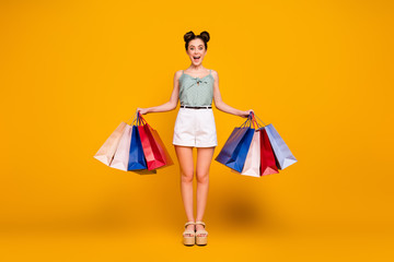 Full size photo crazy girl shopping center client impressed 50 off sale scream wow omg buy all...
