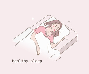 Beauty Woman Sleeping in Comfortable Bed on Soft Pillow at Home. Girl  Wearing Pajama Relaxing and Dreaming in Cozy Bed. Healthy Sleep  and Relaxation Concept. Flat Cartoon Vector Illustration.