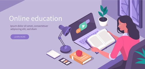 Student Learning Online at Home. Character Sitting at Desk, Looking at Laptop and Studying with Smartphone, Books and Exercise Books. Online Education Concept. Flat Isometric Vector Illustration.