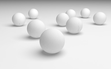 White abstract background. Set of white balls isolated on white backdrop. 3D illustration